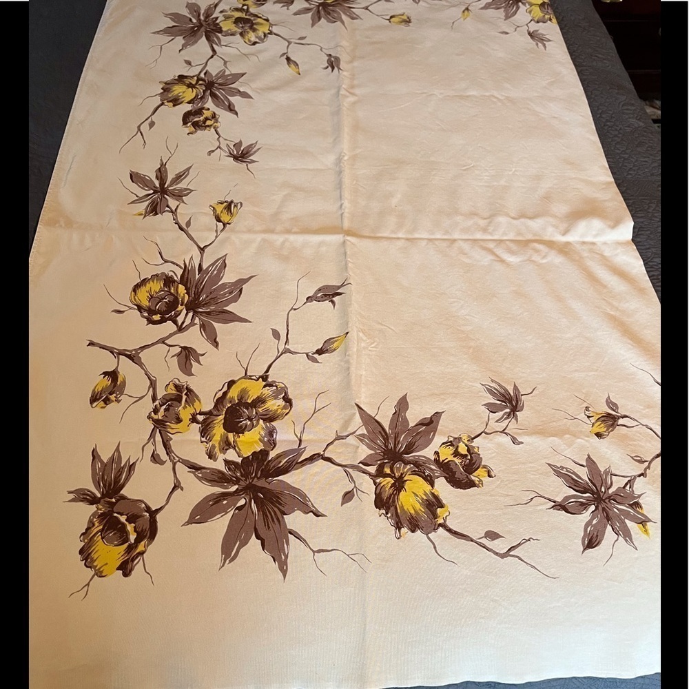 Vintage Tablecloth Beige with Yellow and Browns, Floral and Branch pattern